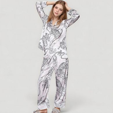 Women's Cheetah Print Woven Pajama Set with Long Sleeve Button Down Top and Relaxed Fit Pants