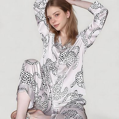 Women's Cheetah Print Woven Pajama Set with Long Sleeve Button Down Top and Relaxed Fit Pants