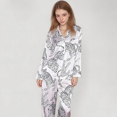Women's Cheetah Print Woven Pajama Set with Long Sleeve Button Down Top and Relaxed Fit Pants