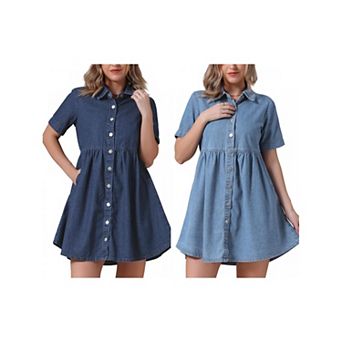 2 Packs Women's Denim Dress Babydoll Collared Short Sleeve Button Down Jean Shirt Dresses