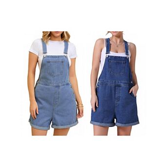 2 Packs Women's Denim Overall Casual Outfits Adjustable Strap Bib Romper Jean Shorts