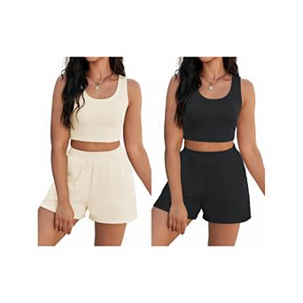 2 Packs Women's 2 pc Sets Summer Lounge Set Ribbed Knit Crop Tank Tops Short Sets with Pockets