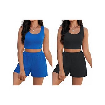 2 Packs Women's 2 pc Sets Summer Lounge Set Ribbed Knit Crop Tank Tops Short Sets with Pockets