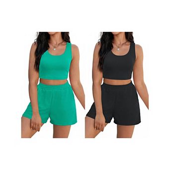 2 Packs Women's 2 pc Sets Summer Lounge Set Ribbed Knit Crop Tank Tops Short Sets with Pockets