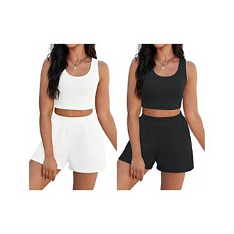2 Packs Women's 2 pc Sets Summer Lounge Set Ribbed Knit Crop Tank Tops Short Sets with Pockets