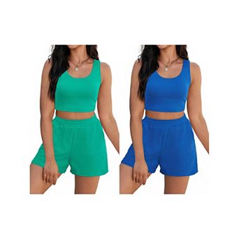 2 Packs Women's 2 pc Sets Summer Lounge Set Ribbed Knit Crop Tank Tops Short Sets with Pockets