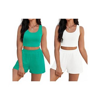 2 Packs Women's 2 pc Sets Summer Lounge Set Ribbed Knit Crop Tank Tops Short Sets with Pockets