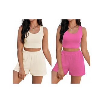 2 Packs Women's 2 pc Sets Summer Lounge Set Ribbed Knit Crop Tank Tops Short Sets with Pockets