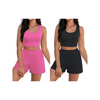2 Packs Women's 2 pc Sets Summer Lounge Set Ribbed Knit Crop Tank Tops Short Sets with Pockets