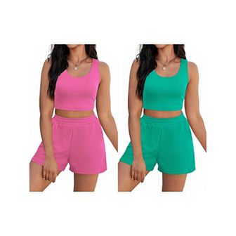 2 Packs Women's 2 pc Sets Summer Lounge Set Ribbed Knit Crop Tank Tops Short Sets with Pockets