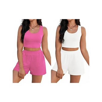 2 Packs Women's 2 pc Sets Summer Lounge Set Ribbed Knit Crop Tank Tops Short Sets with Pockets