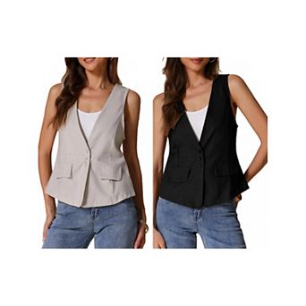 2 Packs Women's Casual Linen Vest Loose Sleeveless Blazer Lightweight Jacket Waistcoat