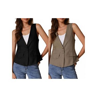 2 Packs Women's Casual Linen Vest Loose Sleeveless Blazer Lightweight Jacket Waistcoat