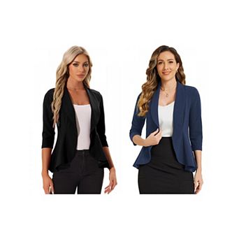 2 Packs Women's Classic Open Front Blazer Jacket Draped Collar 3/4 Sleeve Ruffle Jacket Outerwear