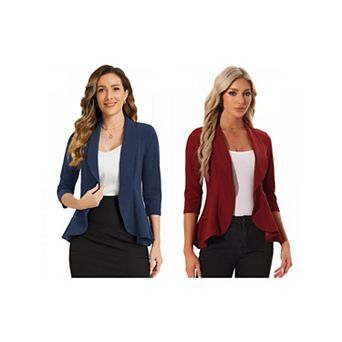 2 Packs Women's Classic Open Front Blazer Jacket Draped Collar 3/4 Sleeve Ruffle Jacket Outerwear