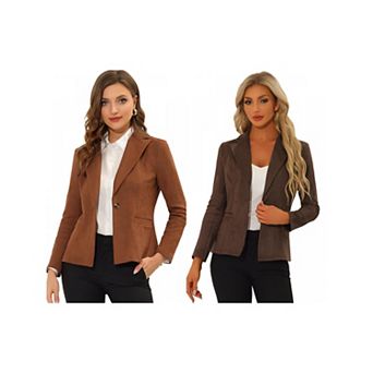 2 Packs Women's Notched Lapel Long Sleeve Button Office Faux Suede Blazer