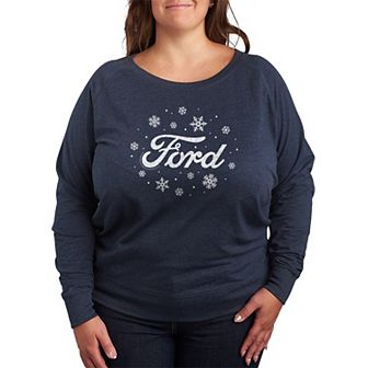 Plus Size Ford Logo Snowflakes French Terry Long Sleeve Graphic Tee