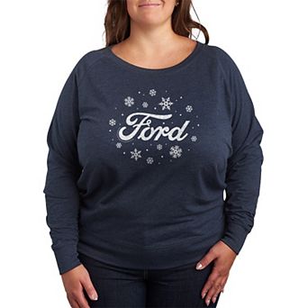 Plus Size Ford Logo Snowflakes French Terry Long Sleeve Graphic Tee