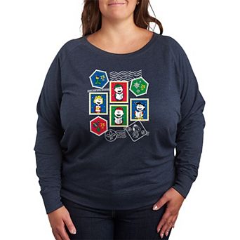 Plus Size Peanuts Christmas Stamps French Terry Long Sleeve Graphic Tee