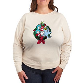 Plus Size Dr. Seuss Characters Christmas Wreath French Terry Long Sleeve Graphic Tee