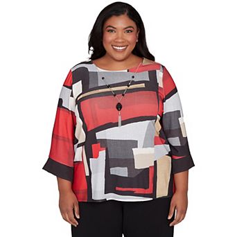 Plus Size Alfred Dunner Knit Colorblock Top with Necklace