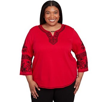 Plus Size Alfred Dunner Knit Embroidered Sleeve Beaded Split Neck Top