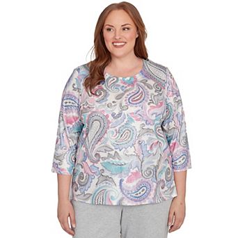 Plus Size Alfred Dunner Pleated Paisley Crew Neck Top