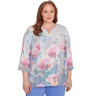 Plus Size Alfred Dunner Floral Brushstroke Beaded Split Neck Top