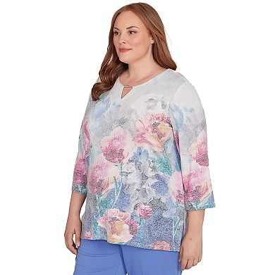 Plus Size Alfred Dunner Floral Brushstroke Beaded Split Neck Top