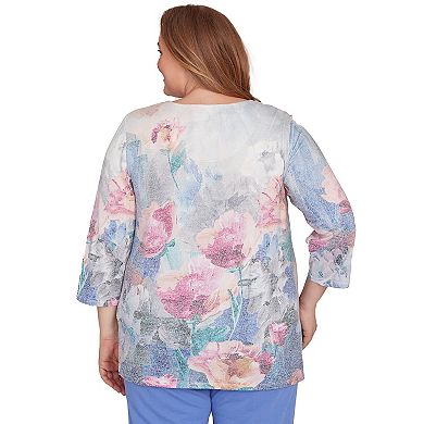 Plus Size Alfred Dunner Floral Brushstroke Beaded Split Neck Top