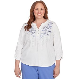 Plus Size Alfred Dunner Geometric Floral Ruched Henley Top