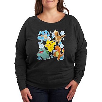 Plus Size Pokemon Winter Stickers French Terry Long Sleeve Graphic Tee