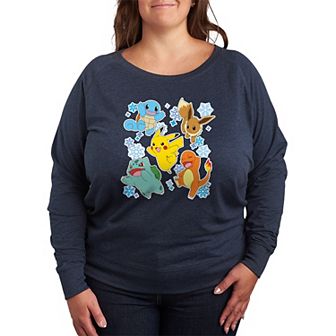 Plus Size Pokemon Winter Stickers French Terry Long Sleeve Graphic Tee