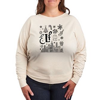 Plus Size Elf Icon Doodles French Terry Long Sleeve Graphic Tee