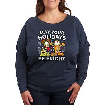 Plus Size Garfield May Your Holidays Be Bright French Terry Long Sleeve Graphic Tee