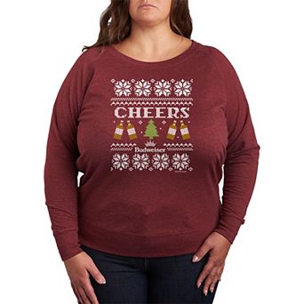 Plus Size Budweiser Cheers Ugly Christmas French Terry Long Sleeve Graphic Tee