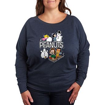 Plus Size Peanuts Winter Stickers French Terry Long Sleeve Graphic Tee