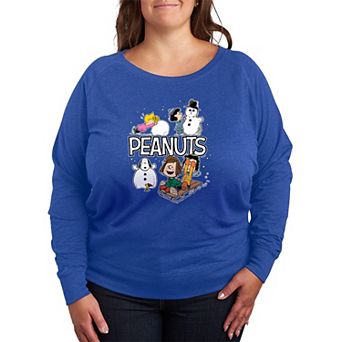Plus Size Peanuts Winter Stickers French Terry Long Sleeve Graphic Tee