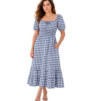 Roaman's Women's Plus Size Gingham Print Midi Dress