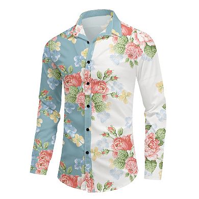 Men's Floral Print Casual Long Sleeve Button Down Two-Tone Dress Shirt