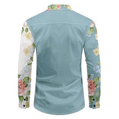 Men's Floral Print Casual Long Sleeve Button Down Two-Tone Dress Shirt