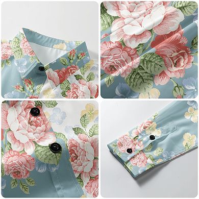 Men's Floral Print Casual Long Sleeve Button Down Two-Tone Dress Shirt