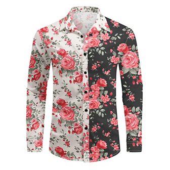 Men's Floral Print Casual Long Sleeve Button Down Two-Tone Dress Shirt