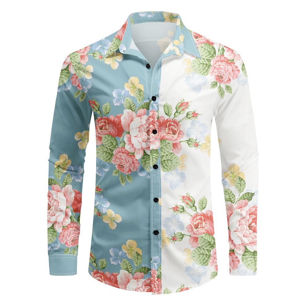 mens floral dress shirts VIPWOLF Men's Collared Long Sleeve Button Down Blouses premium fabric 1960s Colorful Men's Hawaiian Shirt