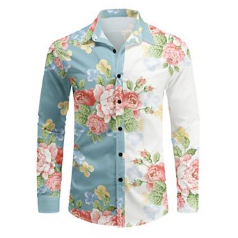 Men's Floral Print Casual Long Sleeve Button Down Two-Tone Dress Shirt