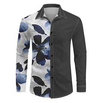 Men's Floral Print Dress Shirt Button Down Long Sleeve Casual Shirt