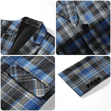 Men's Checked Blazer Casual Slim Fit Notch Lapel One Button Sport Coat