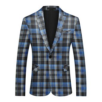 Men's Checked Blazer Casual Slim Fit Notch Lapel One Button Sport Coat