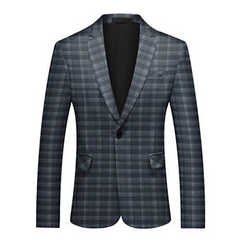 Men's Checked Blazer Casual Slim Fit Notch Lapel One Button Sport Coat