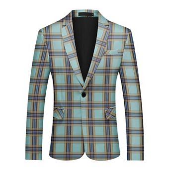 Men's Checked Blazer Casual Slim Fit Notch Lapel One Button Sport Coat
